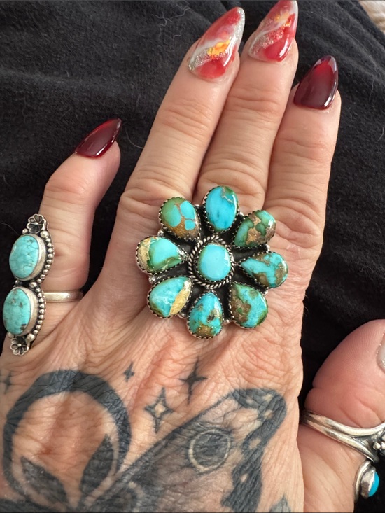 Southwest Jewelry - Sonoran Turquoise Flower Statement Ring 925 silver - Blue Green Gemstone